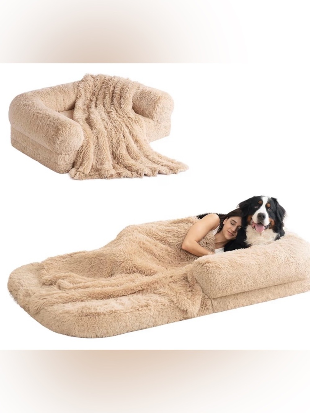 Plush Dog Bed Lounger - Beige Sherpa Comfort